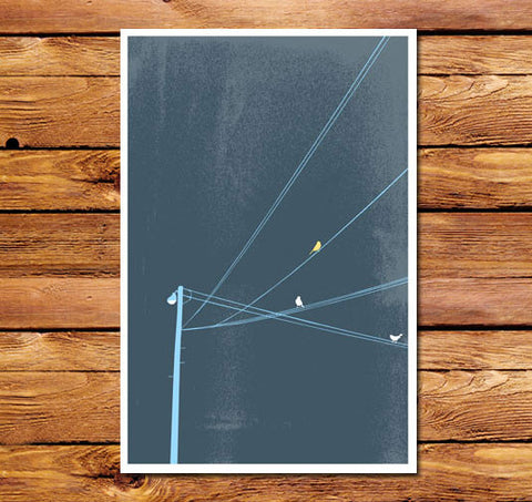 Birds On A Wire Blue Poster
